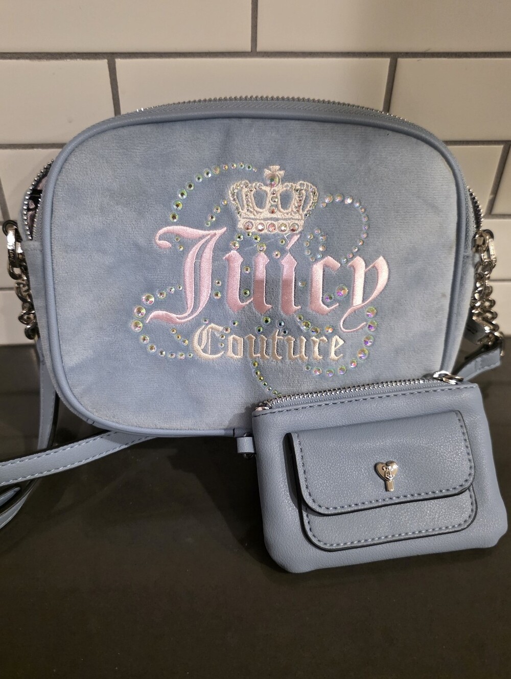 Juicy Couture Light Blue Embroidered Crossbody with Coin Pouch